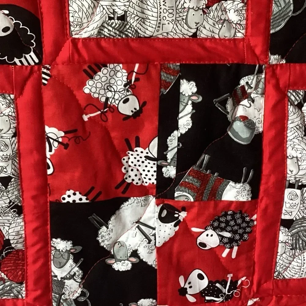 NWT. Black White and Red Sheep Lap Quilt Hand Crafted